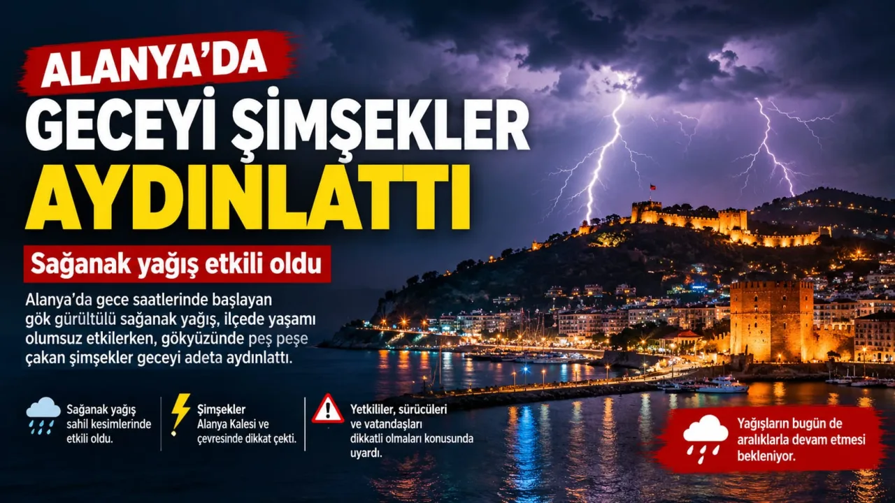Alanya’da Geceyi Şimşekler Aydınlattı: Sağanak Yağış Etkili Oldu
